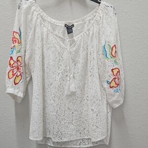 Cato Red and White Relaxed Tie Front Blouse